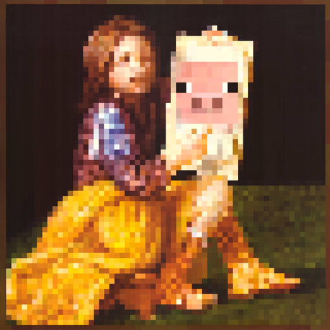 Pixel art of a character with long hair and another character with a blocky design on a grassy background.