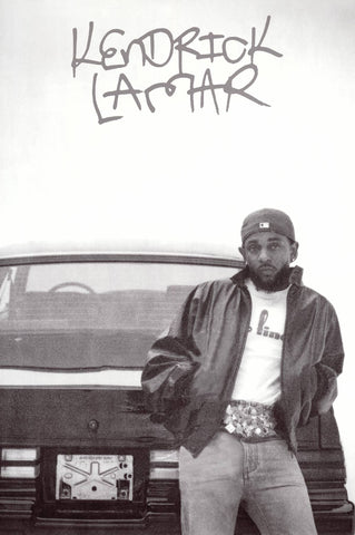 Kendrick Lamar in front of a car with 'Kendrick Lamar' text above