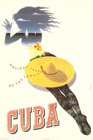 Vintage-style advertisement for Cuba featuring a person wearing a yellow hat with a shadow of dreadlocks.