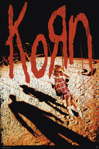 Poster of a Korn album cover. Korn is written prominently in red, over a girl swinging on a swing with a long shadow.