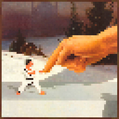 Pixelated image of a hand reaching towards a fighter on a snowy landscape.