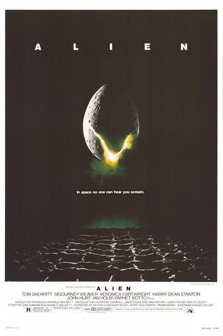 Movie poster for 'Alien' with a glowing alien egg on a dark background.
A great poster from the classic sci-fi horror movie from director Ridley Scott - Alien! In space, no one can hear you scream.