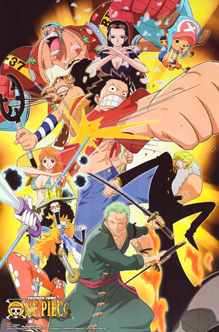 Collage of animated characters from 'One Piece' with dynamic poses and vibrant colors.