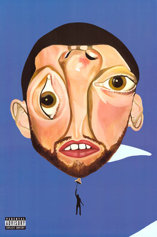 Surreal artwork of a face-shaped balloon with a person holding it against a blue background
