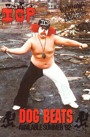 Promotional poster for album featuring a person in a red hat with 'ICP' logo, holding a knife, in an urban setting.