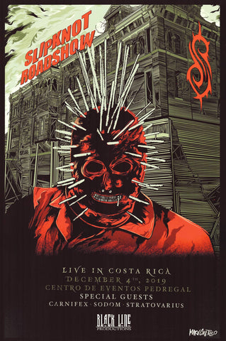 Promotional poster for Slipknot concert in Costa Rica with a stylized illustration of a person wearing a mask with pins and a red shirt.